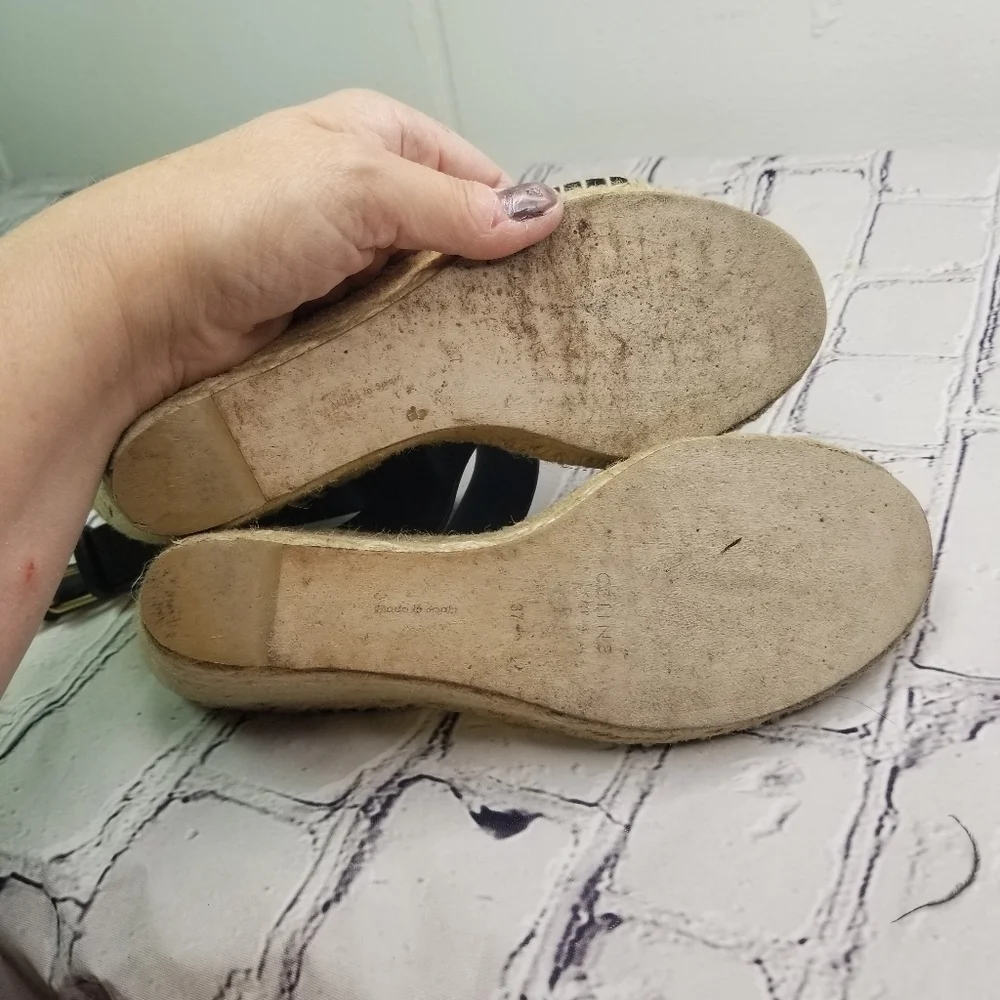 Celine black leather double strap wedge espadrille sandals